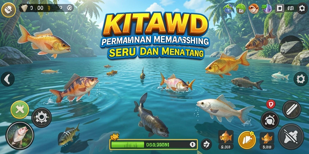 Screenshot gameplay KITAWD dengan aksi memancing yang mendebarkan.