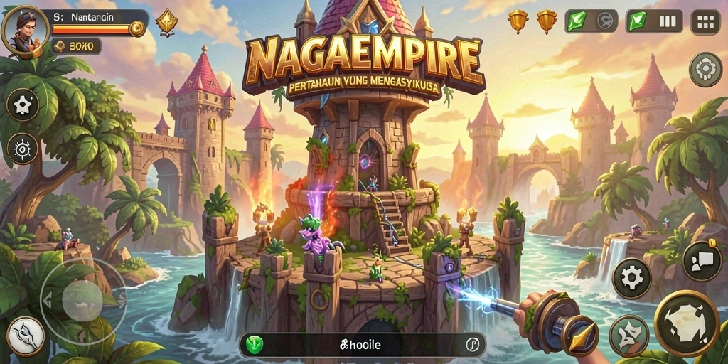 Tampilan menarik dari gameplay NAGAEMPIRE saat mempertahankan menara.