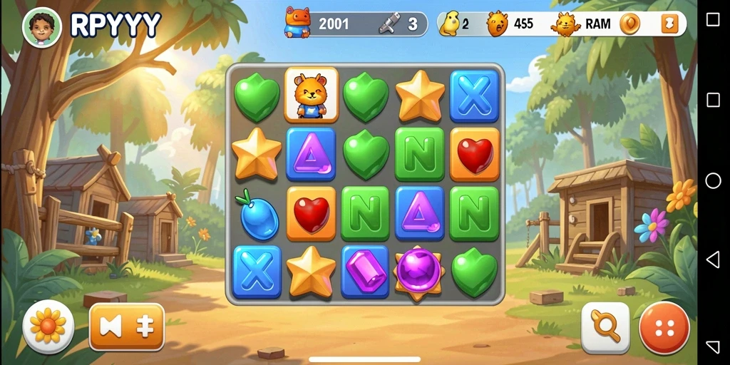 Gameplay Match-3 seru dengan kombinasi warna-warni yang menawan.