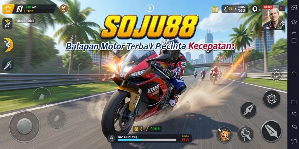 Tangkapan layar SOJU88 menampilkan balapan motor yang mendebarkan di sirkuit.