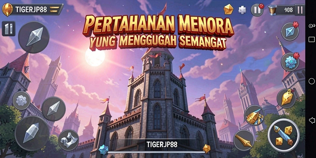 Screenshot gameplay <strong>TIGERJP88</strong> menampilkan menara bertahan melawan gelombang musuh.